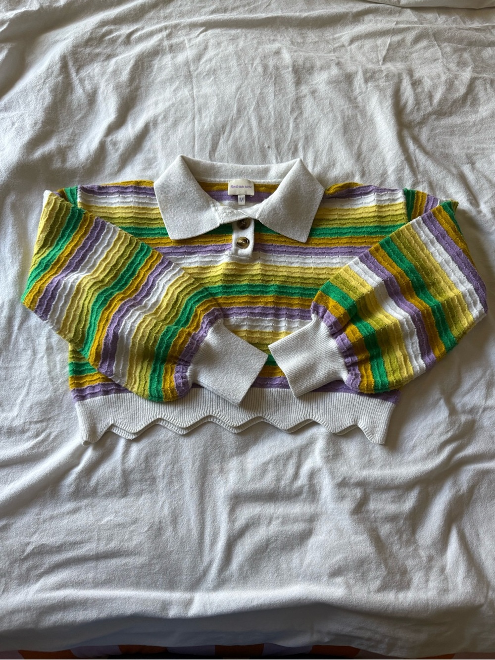 Striped Scallop-Hem Polo Crop Top in White, Yellow, Green & Purple